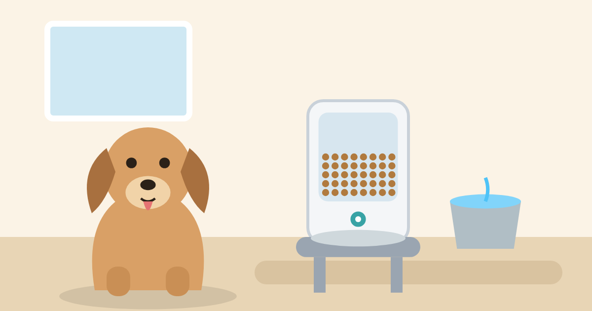 A large tan dog sitting next to a tall automatic dog feeder with a big food hopper and a stainless water fountain in a bright kitchen