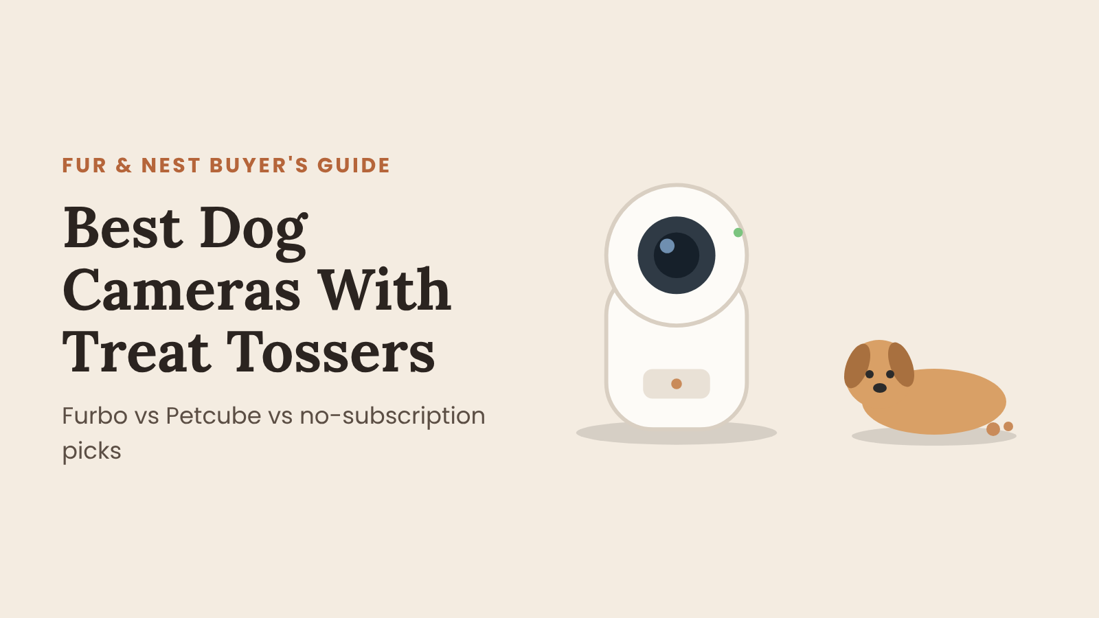 A small white pet camera on a living room shelf facing a dog lying on a rug