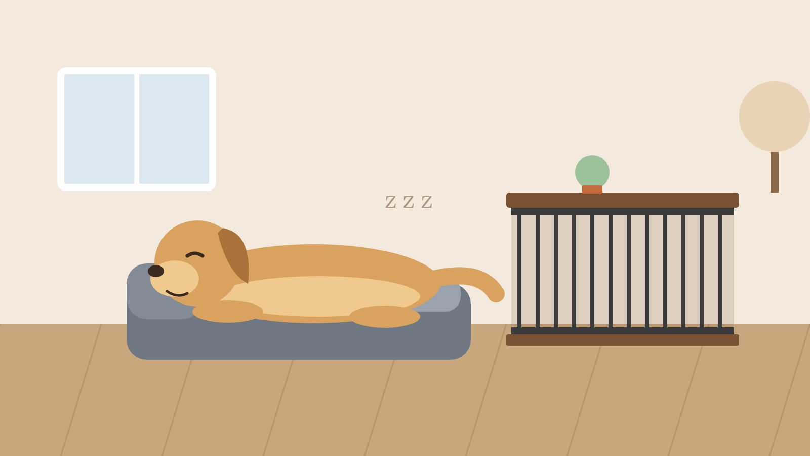 A large tan dog stretched out on a thick gray memory foam dog bed next to a wooden furniture-style dog crate in a cozy living room