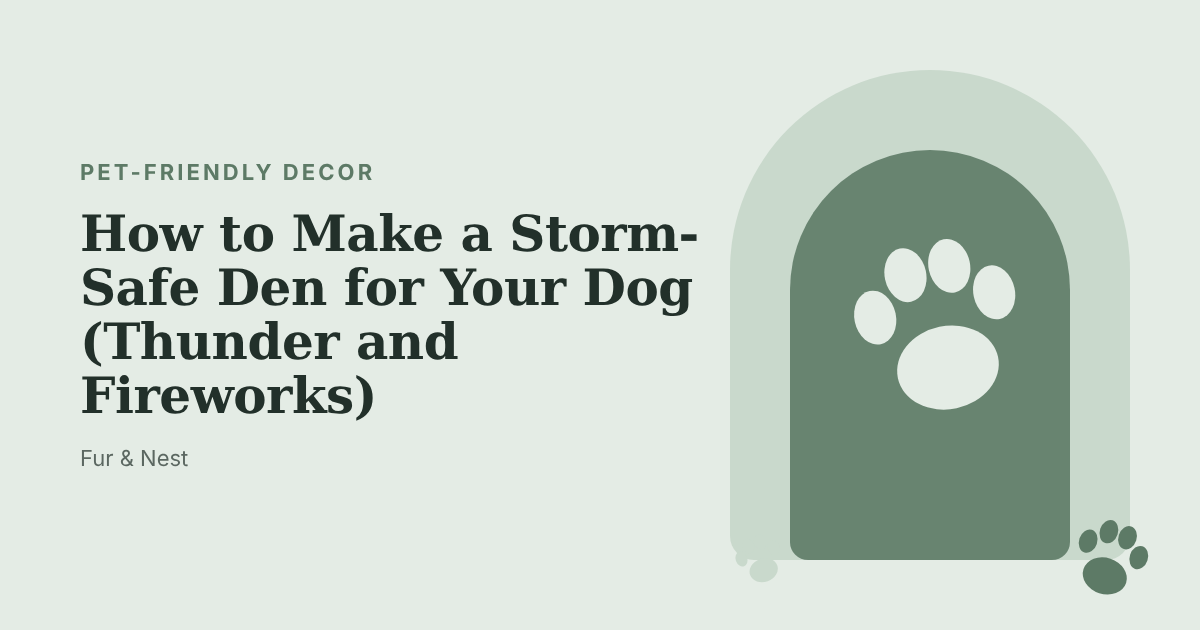 A dog resting calmly inside a covered wooden crate-style end table while rain streaks the window