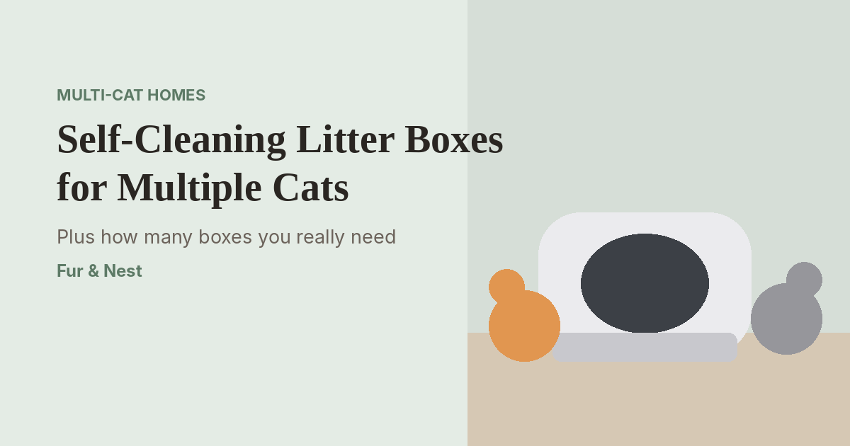 Two cats, a gray tabby and an orange cat, sitting beside a large self-cleaning litter box in a tidy laundry room