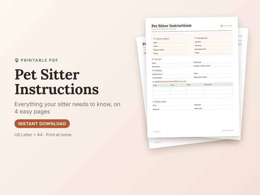 Pet Sitter Instructions printable preview